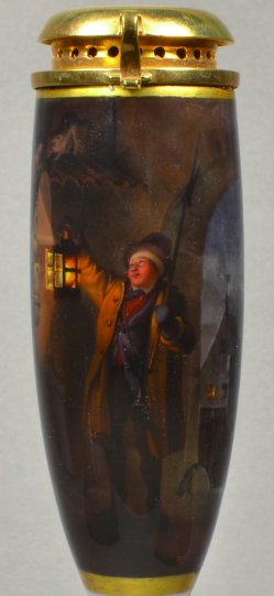 Johann Geyer (1807-1875), Der erschrockene Nachtwächter, Porzellanmalerei, Pfeifenkopf, D1819