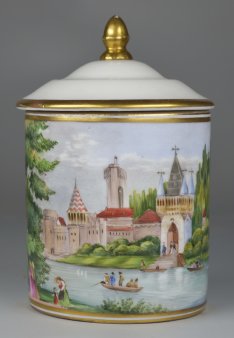 Deckeltasse, zylindrisch, Antique glatt, Porzellanmalerei Schloß Laxenburg, D2569