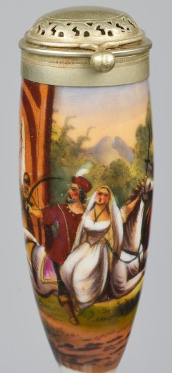 D2717- Orientalisierende Genre-Szene mit Reitern und bewaffneten Figuren, Gesteckpfeife mit Porzellanmalerei, D2717