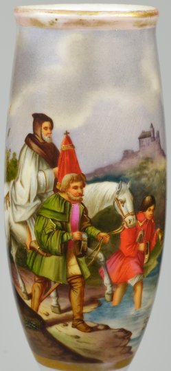D2843- Wallfahrt zu Pferd mit Geistlichem und Kind, Pfeifenkopf, Porzellanmalerei, D2843